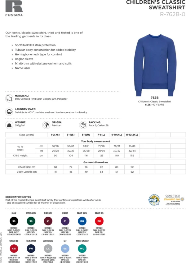 Russell Europe - Kids raglan sleeve sweatshirt - 7620B - Size Guide