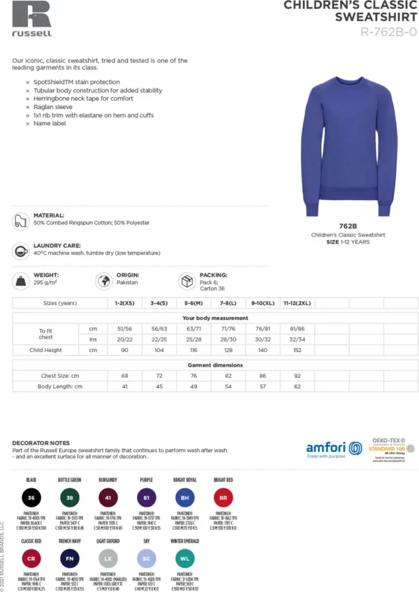 Russell Europe - Classic sweatshirt - 7620M - Size Guide