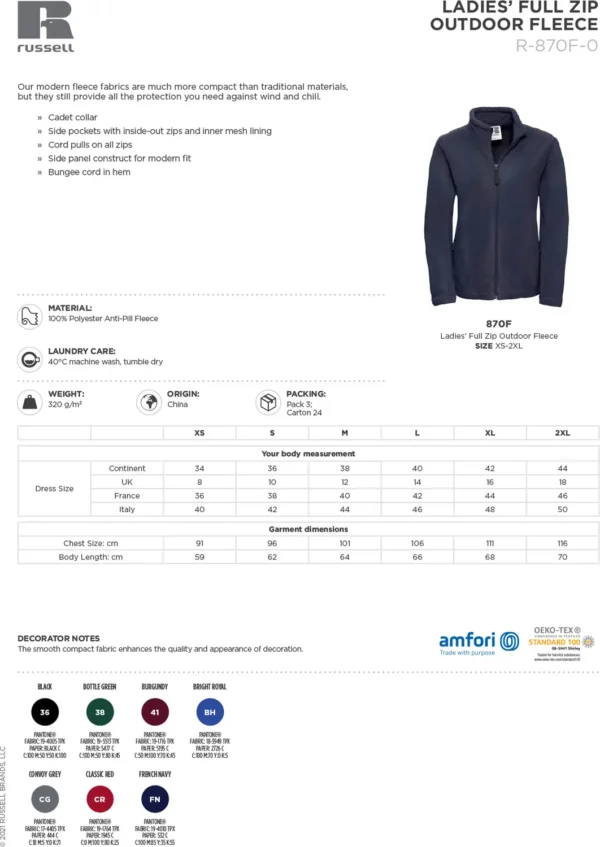 Russell Europe - Women's full-zip outdoor fleece - 8700F - Size Guide