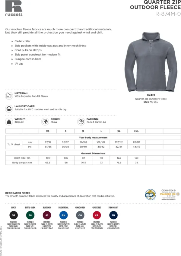 Russell Europe - 1/4-zip outdoor fleece - 8740M - Size Guide