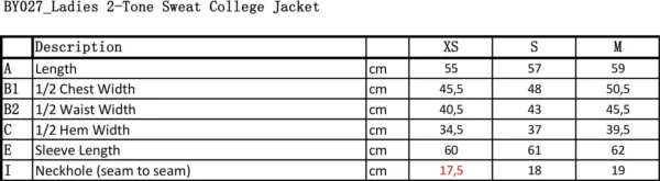 Build Your Brand - Women's Sweat College Jacket - BY027 - Size Guide