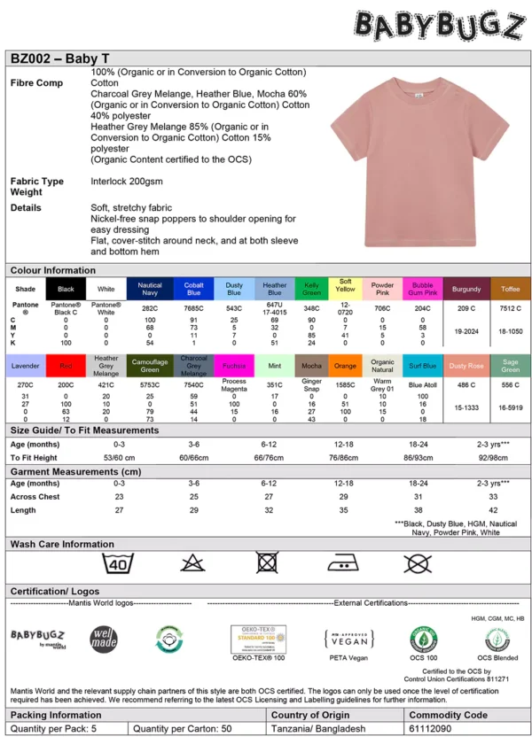 Babybugz - Baby T-Shirt - BZ002 - Size Guide