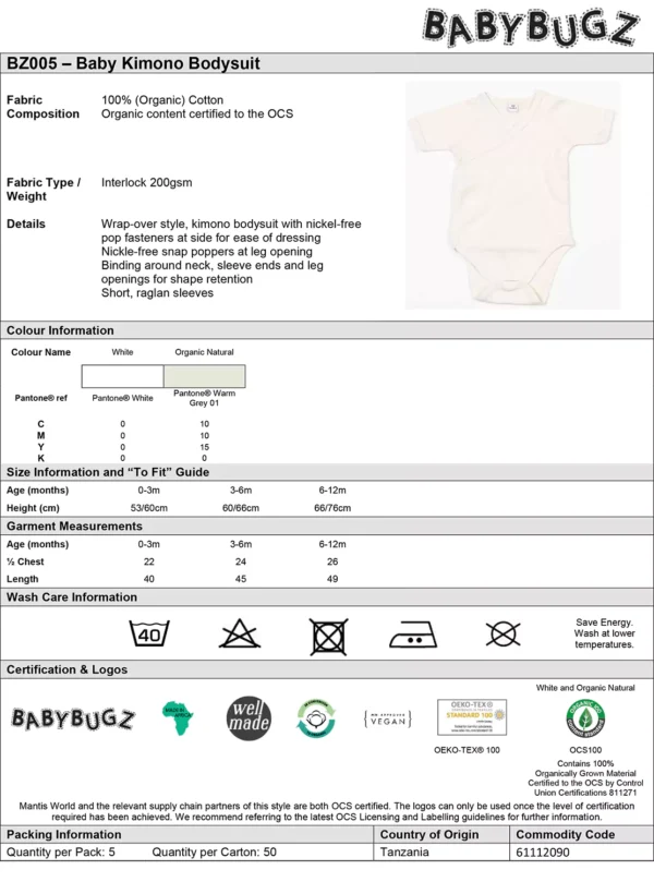 Babybugz - Baby Organic Cotton Kimono Bodysuit - BZ005 - Size guide
