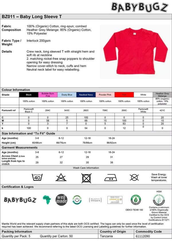 Babybugz - Baby Organic Cotton Long Sleeve T-Shirt - BZ011 - Size Guide