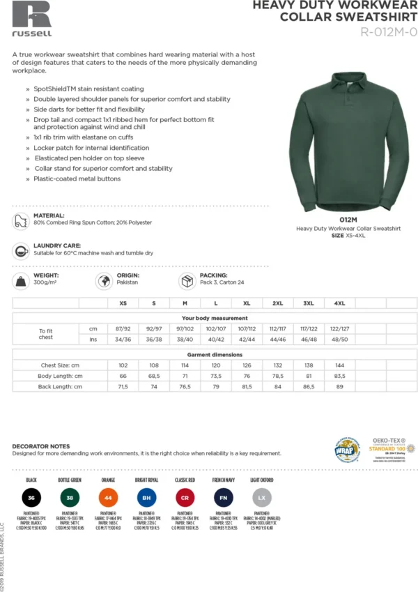 Russell Europe - Heavy-duty collar sweatshirt - J012M - Size Guide