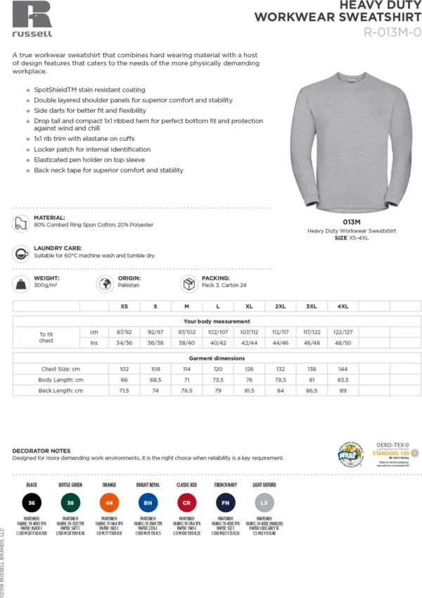 Russell Europe - Heavy-duty crew neck sweatshirt - J013M - Size Guide