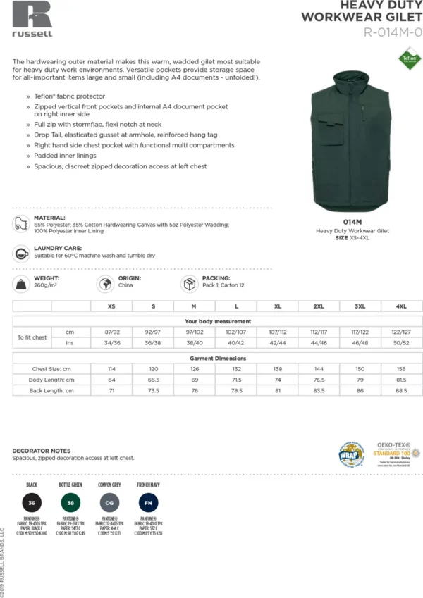 Russell Europe - Heavy-duty gilet - J014M - Size Guide