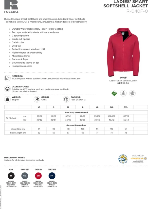 Russell Europe - Women's Smart softshell jacket - J040F - Size Guide