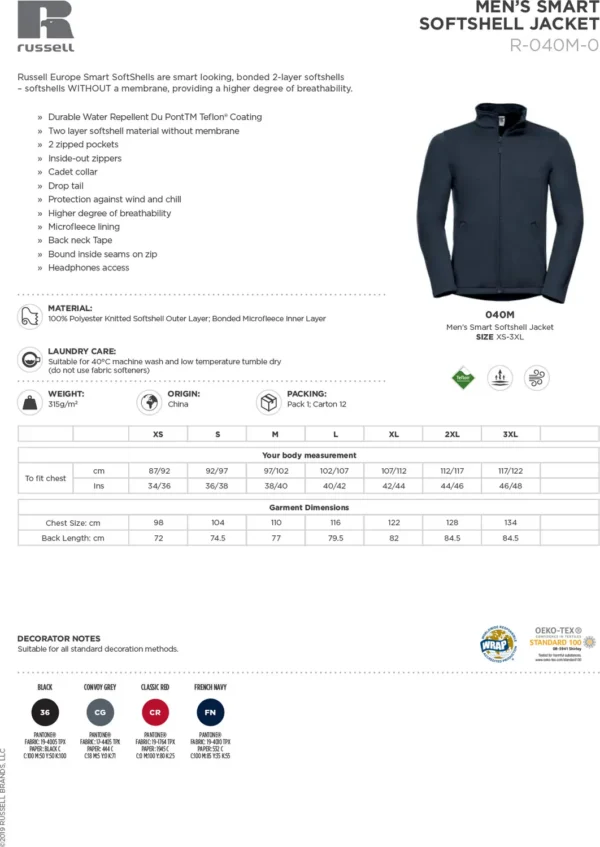 Russell Europe - Smart softshell jacket - J040M - Size Guide