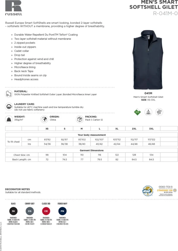 Russell Europe - Smart softshell gilet - J041M - Size Guide