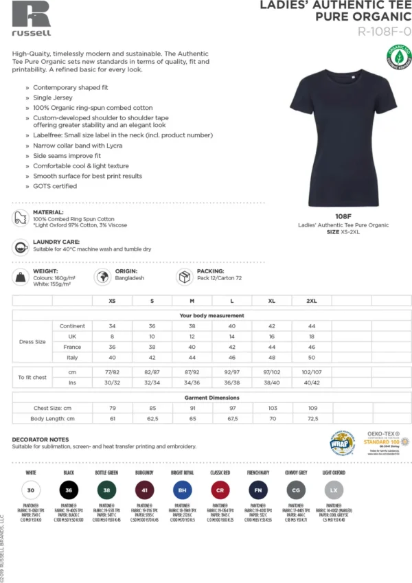 Russell Europe - Women's pure organic tee - J108F - Size Guide