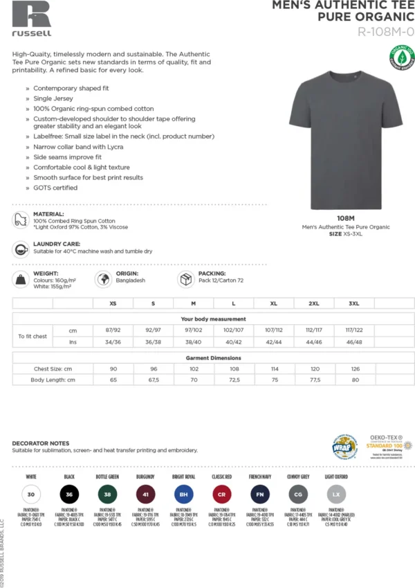 Russell Europe - Pure organic tee - J108M - Size Guide