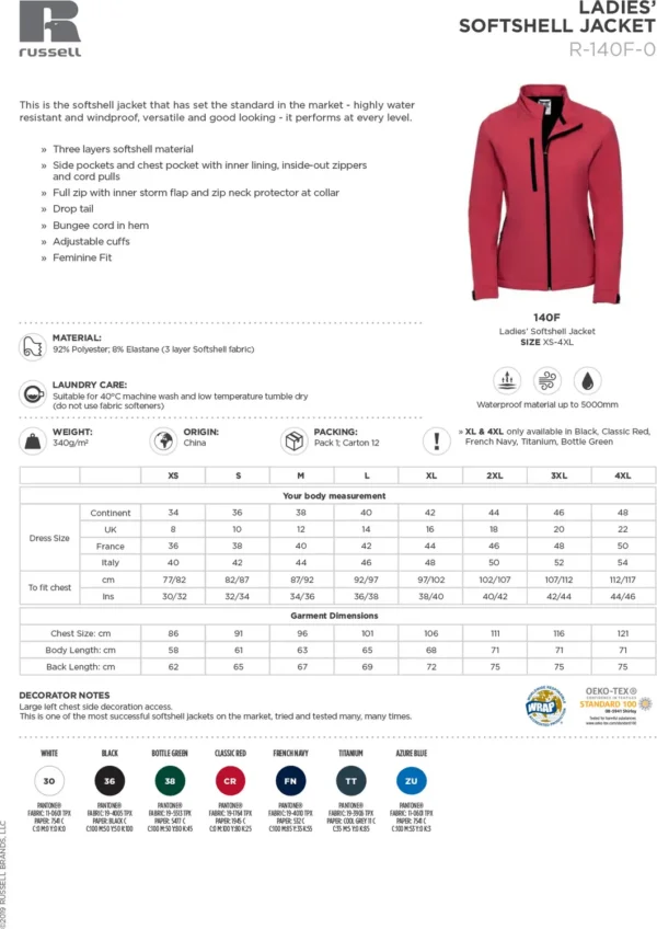 Russell Europe - Women's softshell jacket - J140F - Size Guide