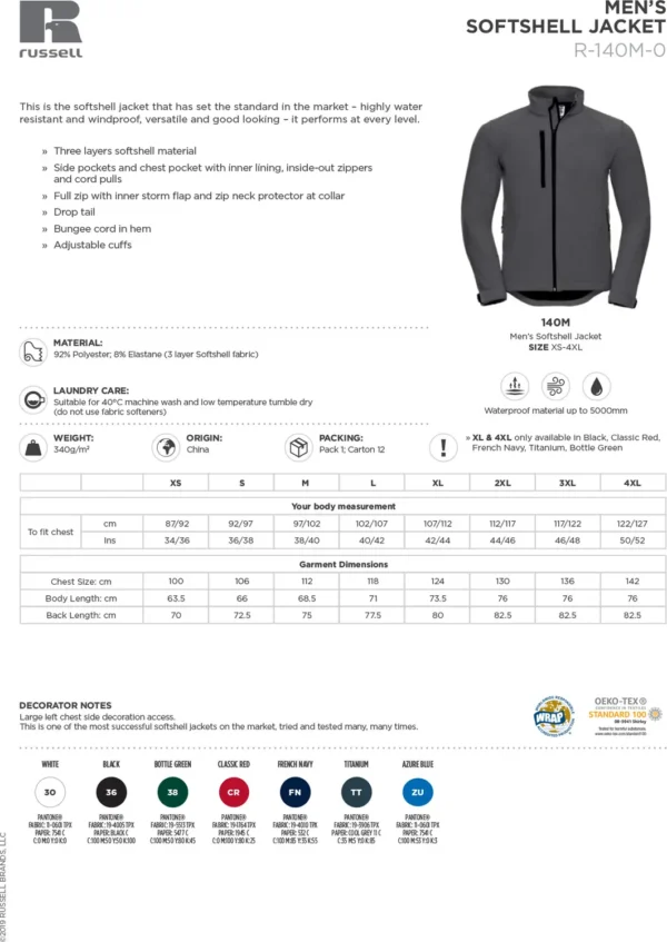 Russell Europe - Softshell jacket - J140M - Size Guide