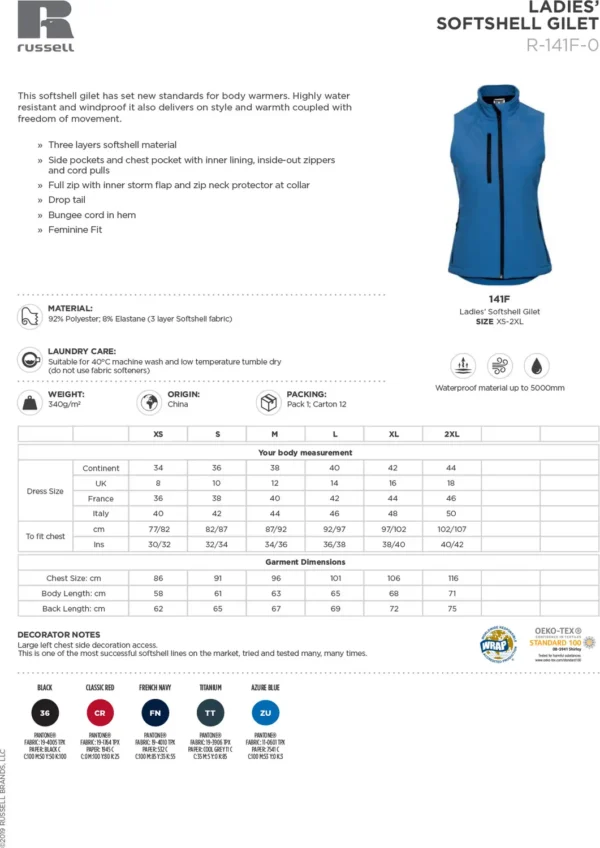 Russell Europe - Women's softshell gilet - J141F - Size Guide