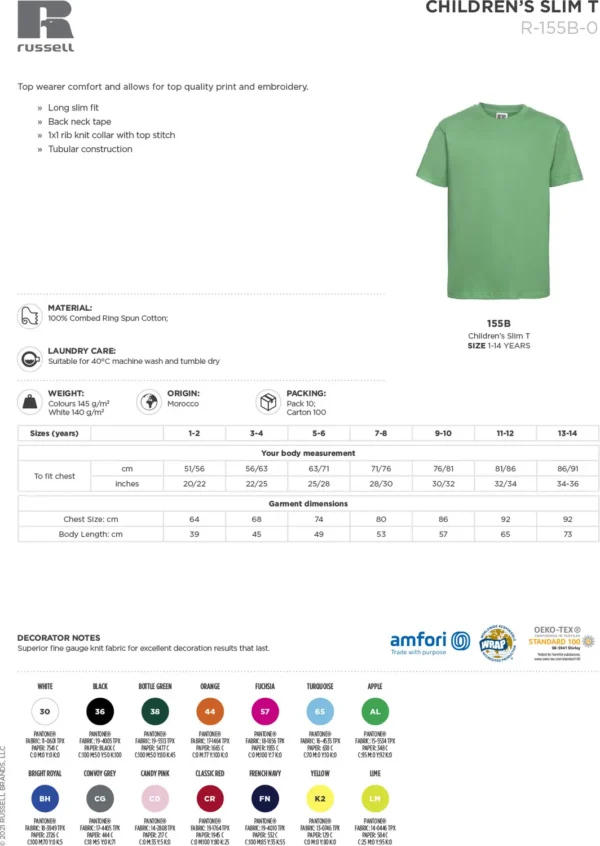 Russell Europe - Kids slim fit t-shirt - J155B - Size Guide