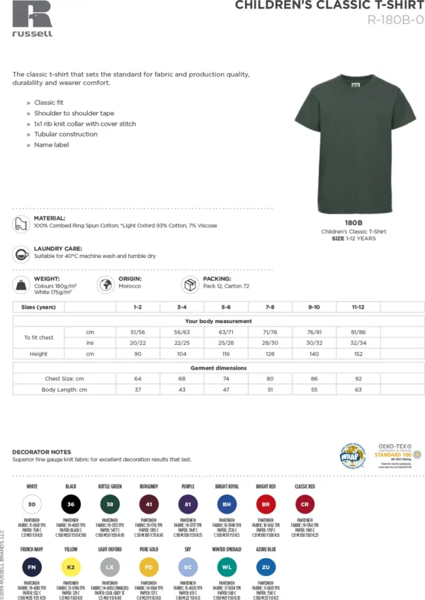 Russell Europe - Kids t-shirt - J180B - Size guide