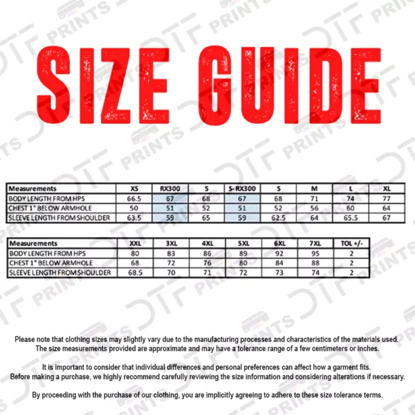 ProRTX - Pro Sweatshirt - Size Guide - RX301