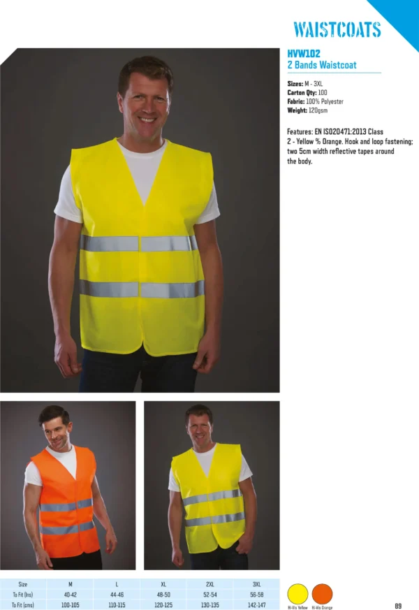 Yoko - Hi-Vis 2-Band Waistcoat (HVW102) - YK003 - Size Guide