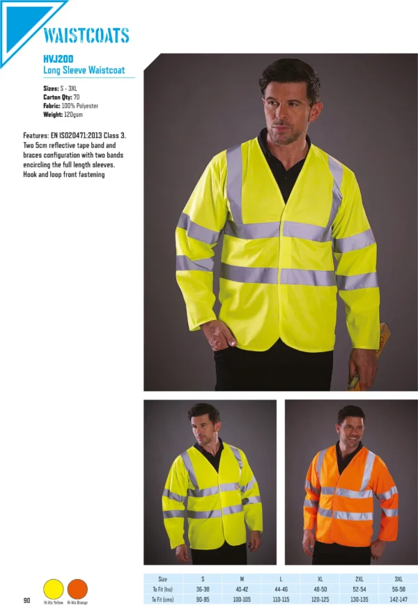 Yoko - Hi-Vis Long Sleeve Waistcoat (HVJ200) - YK007 - Size Guide