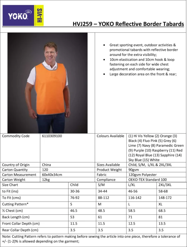 Yoko - Hi-Vis Reflective Border Tabard (HVJ259) - YK009 - Size Guide