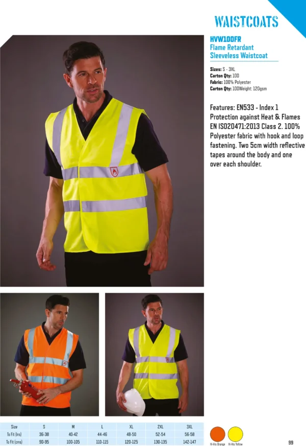 Yoko - Flame-Retardant Hi-Vis Sleeveless Waistcoat (HVW100FR) - YK016 - Size Guide