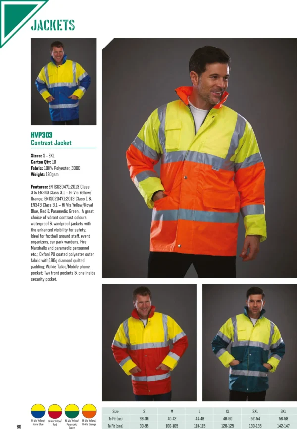 Yoko - Hi-Vis Contrast Jacket (HVP303) - YK047 - Size Guide