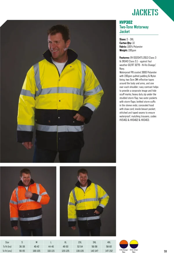 Yoko - Hi-Vis Two-Tone Motorway Jacket (HVP302) - YK048 - Size Guide