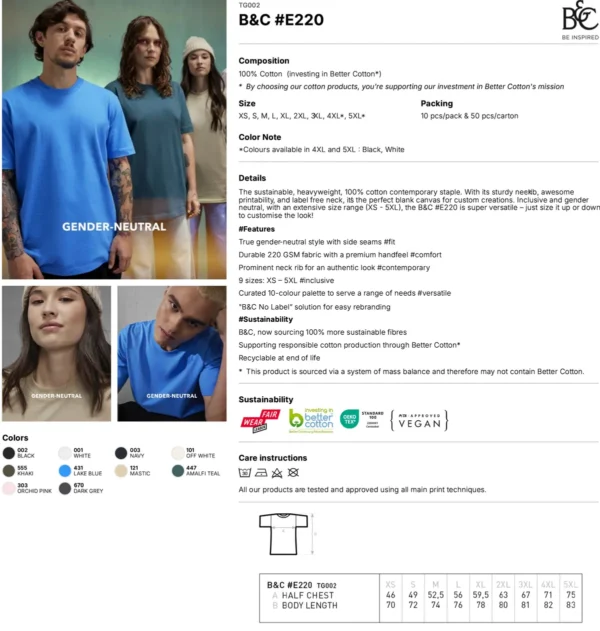 B & C Collection - B&C E220 T-Shirt - Image 2